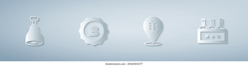 Set Chicken leg, Bottle cap, Wheat and Pack of beer bottles. Paper art style. Vector