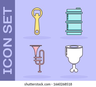 Set Chicken leg, Bottle opener, Musical instrument trumpet and Metal beer keg icon. Vector