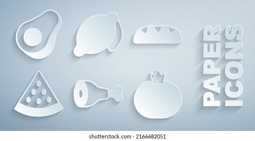 Set Hühnerbein, Brotlaib, Watermelon, Tomate, Lemon und Avocado Fruchtsymbol. Vektorgrafik