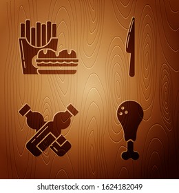 Set Chicken leg, Burger and french fries in carton package box, Crossed bottle of water and Knife on wooden background. Vector