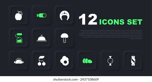 Set Chicken leg, Candy, Covered with tray of food, egg, Tea bag, Fresh berries, Salami sausage and Scrambled icon. Vector