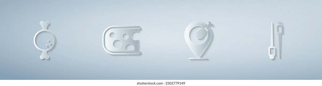 Set Chicken leg, Cheese,  and Food chopsticks. Paper art style. Vector