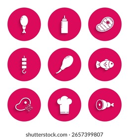 Conjunto de pierna de pollo, sombrero de chef, pescado, carne de filete congelada fresca, kebab de pescado a la parrilla en palillo de pincho, filete e icono. Vector