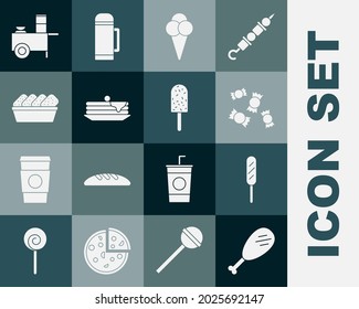 Set Chicken leg, Corn dog, Candy, Ice cream in waffle cone, Stack of pancakes, nuggets box, Fast street food cart and  icon. Vector