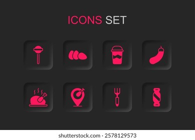 Set Chicken leg, egg, Lollipop, Fork, Eggplant, Candy, Coffee cup to go and Roasted turkey chicken icon. Vector