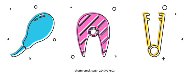 Set Chicken leg, Fish steak and Meat tongs icon. Vector