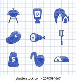 Set Chicken leg, Fried chicken wing, Meat, Spatula, Salt, Steak meat, Grilled fish steak and fire flame and Barbecue grill icon. Vector