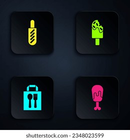 Set Chicken leg, Hotdog sandwich, Online ordering delivery and Ice cream. Black square button. Vector