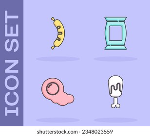 Set Chicken leg, Hotdog, Scrambled eggs and Bag or packet potato chips icon. Vector