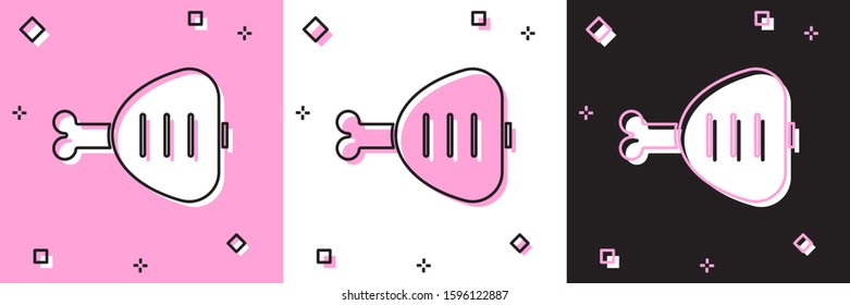 Set Chicken leg icon isolated on pink and white, black background. Chicken drumstick.  Vector Illustration