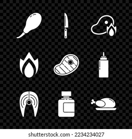 Set Chicken leg, Knife, Grilled steak meat and fire flame, Fish, Sauce bottle, Roasted turkey or chicken, Fire and Steak icon. Vector