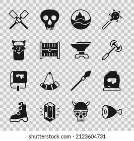 Set Chicken leg, Magic rune, Medieval poleaxe, Sea and waves, Antique treasure chest, Viking head, Oars or paddles boat and Anvil for blacksmithing icon. Vector