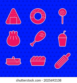 Set Chicken leg, nuggets in box, French hot dog, Milkshake, Stack of pancakes, Khinkali on cutting board, Lollipop and Onigiri icon. Vector