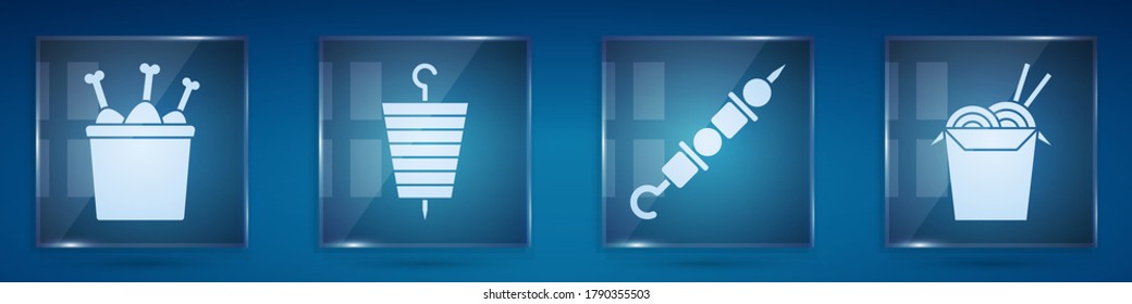 Set Chicken leg in package box, Grilled shish kebab, Grilled shish kebab and Asian noodles and chopsticks. Square glass panels. Vector