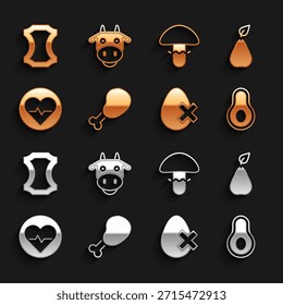 Conjunto de pierna de pollo, pera, fruta de aguacate, sin huevo, ritmo cardíaco, champiñón, cuero y cabeza de vaca icono. Vector