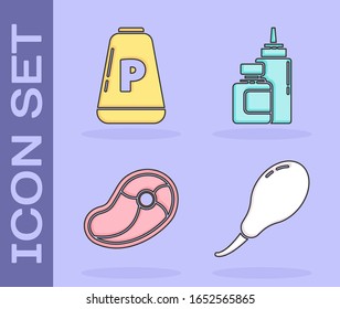Set Chicken leg, Pepper, Steak meat and Sauce bottle icon. Vector