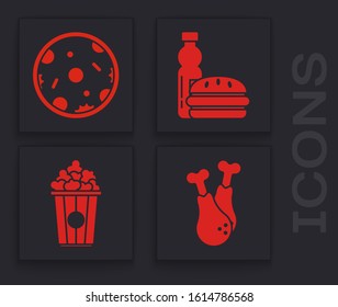 Set Chicken leg, Pizza, Bottle of water and burger and Popcorn in cardboard box icon. Vector