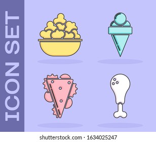 Set Chicken leg, Popcorn in bowl, Sandwich and Ice cream in waffle cone icon. Vector