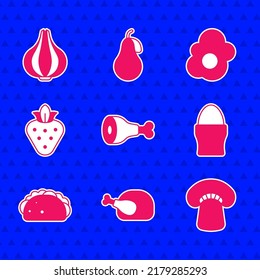 Fijar pierna de pollo, pavo o pollo asado, champiñón, huevo en pie, Taco con tortilla, fresa, estropajo y ajo icono. Vector