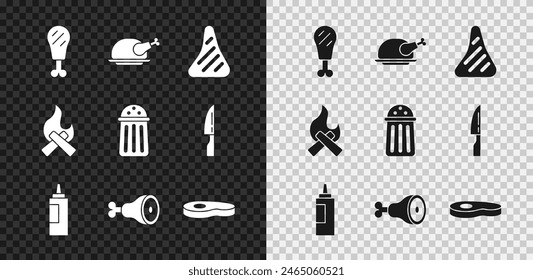 Set Chicken leg, Roasted turkey or chicken, Steak meat, Sauce bottle, Campfire and Salt icon. Vector