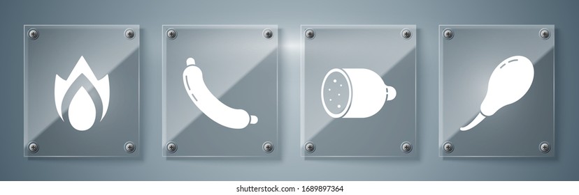 Set Chicken leg, Salami sausage, Sausage and Fire flame. Square glass panels. Vector