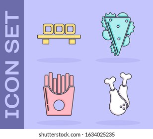 Set Chicken leg, Sushi on cutting board, Potatoes french fries in carton package box and Sandwich icon. Vector