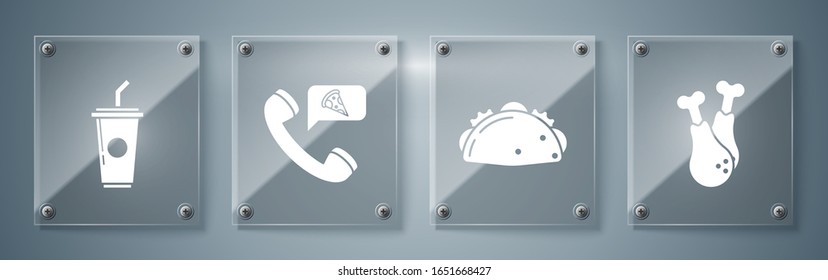 Set Chicken leg, Taco with tortilla, Food ordering pizza and Paper glass with drinking straw and water. Square glass panels. Vector