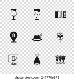 Set Chicken leg, Wheat, Dried fish, Oktoberfest hat, Accordion, Glass of beer,  and  icon. Vector