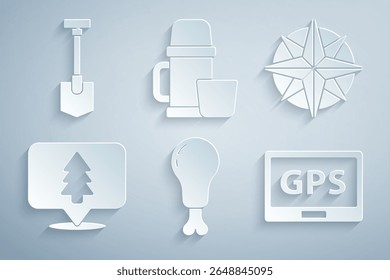 Set Chicken leg, Wind rose, Location of the forest, Gps device with map, Thermos container and cup and Shovel icon. Vector