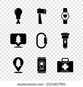 Set Chicken leg, Wooden axe, Smart watch showing heart beat rate, Location of the forest, City map navigation, First aid kit,  and Carabiner icon. Vector