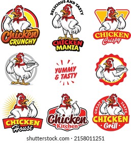 Set of chicken logo with chicken cartoon illustration