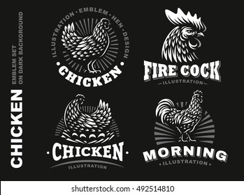 Set chicken logo,  emblem design on black background