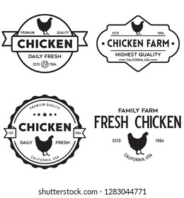 Set of chicken logo, retro print, poster for Butchery meat shop, farm etc. Farm Products, Organic and chicken silhouette. Logo template. Vector Illustration