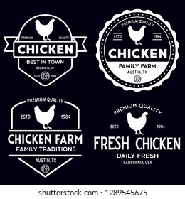 Set of chicken logo, retro print, poster for Butchery meat shop, farm etc. Farm Products, Organic and chicken silhouette. Logo template. Vector Illustration