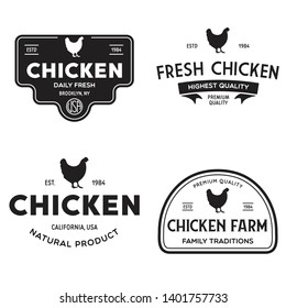Set of chicken logo, retro print, poster for Butchery meat shop, farm etc. Farm Products, Organic and chicken silhouette. Logo template. Vector Illustration