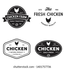 Set of chicken logo, retro print, poster for Butchery meat shop, farm etc. Farm Products, Organic and chicken silhouette. Logo template. Vector Illustration