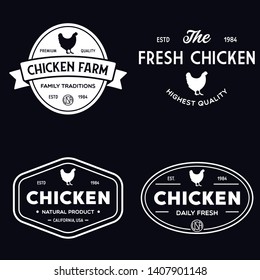Set of chicken logo, retro print, poster for Butchery meat shop, farm etc. Farm Products, Organic and chicken silhouette. Logo template. Vector Illustration