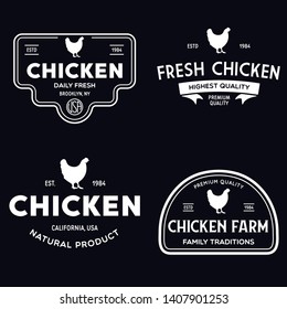 Set of chicken logo, retro print, poster for Butchery meat shop, farm etc. Farm Products, Organic and chicken silhouette. Logo template. Vector Illustration