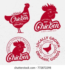 Set of Chicken logos, labels, prints, posters for butcher shop, farmer market, meat stores. Red hen head, body silhouettes. Chicken hand written lettering word. Vintage style. Vector illustration