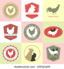 Set of chicken meat labels with chicken and rooster silhouettes. Cool vintage badges collection made in vector. Logos, badges and design elements.