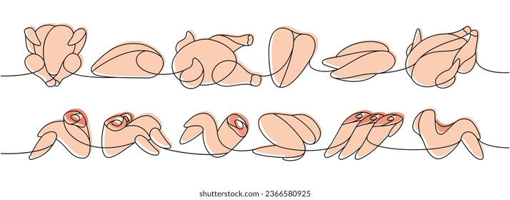 Set von Hühnerfleisch eine Linie gefärbt kontinuierliche Zeichnung. Rohes Hühnerfleisch, durchgehend eine einzige Illustration. Lineare Vektorgrafik