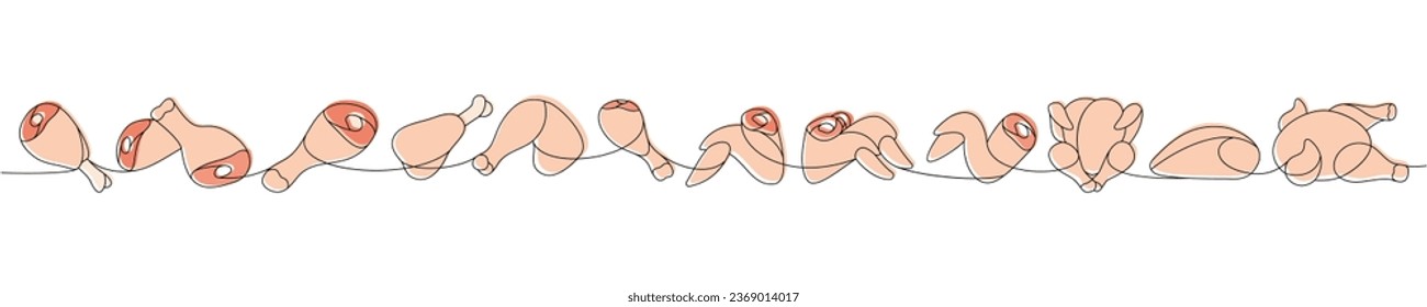Juego de carne de pollo de una línea de dibujo continuo de color. Piezas de carne de pollo crudo de una línea continua. Ilustración lineal vectorial.