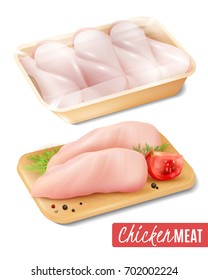 Set of chicken meat in packaging with stretch film and on wooden cutting board isolated vector illustration