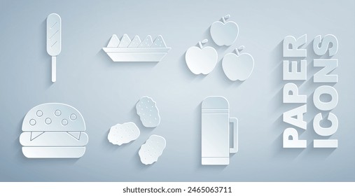 Set Chicken nuggets, Apple, Burger, Thermos container, Nachos plate and Corn dog icon. Vector