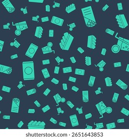 Set Chicken nuggets in box, Doner kebab, Soda can with straw and Cocktail on seamless pattern. Vector