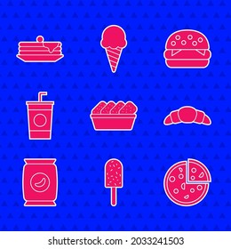 Set Chicken nuggets in box, Ice cream, Pizza, Croissant, Bag or packet potato chips, Paper glass with straw, Burger and Stack of pancakes icon. Vector