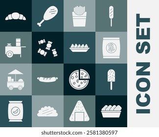 Set Chicken nuggets in box, Ice cream, Hard bread chucks crackers, Potatoes french fries, Candy, Fast street food cart, Croissant and Nachos plate icon. Vector