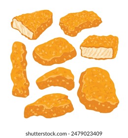 Set of chicken nuggets fast food set cartoon collection, eat meal, delicious restaurant, snack fried, meat unhealthy, appetizer crispy, dinner tasty chicken nuggets fast food, Fast food, snacks, meat.