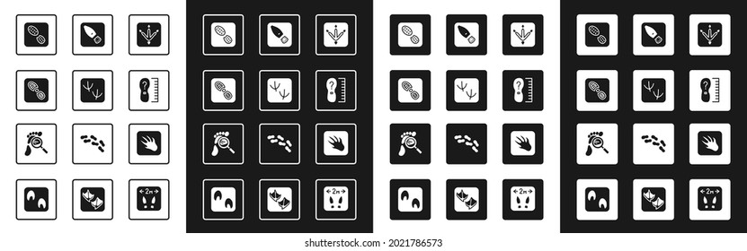 Set Chicken paw footprint, Dove, Human footprints shoes, Square measure size, Alligator crocodile and Magnifying glass with footsteps icon. Vector