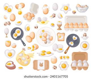 A set of chicken and quail eggs. A large collection of raw and boiled chicken eggs in various shapes. Whole and broken, fried eggs, eggs in cardboard boxes. Vector illustration